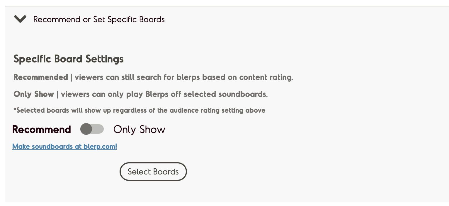 Screenshot of reccomend specific board settings