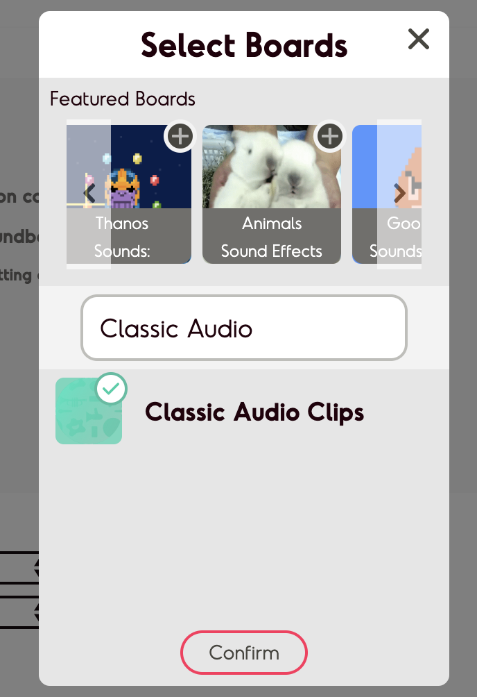 Screenshot of the open board chooser modal